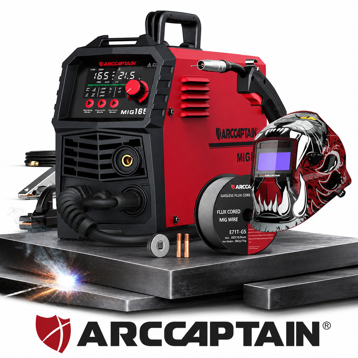 ARCCAPTAIN 165A MIG Welder 4 in 1 Large LED Display /w Welding Helmet 110V/220V