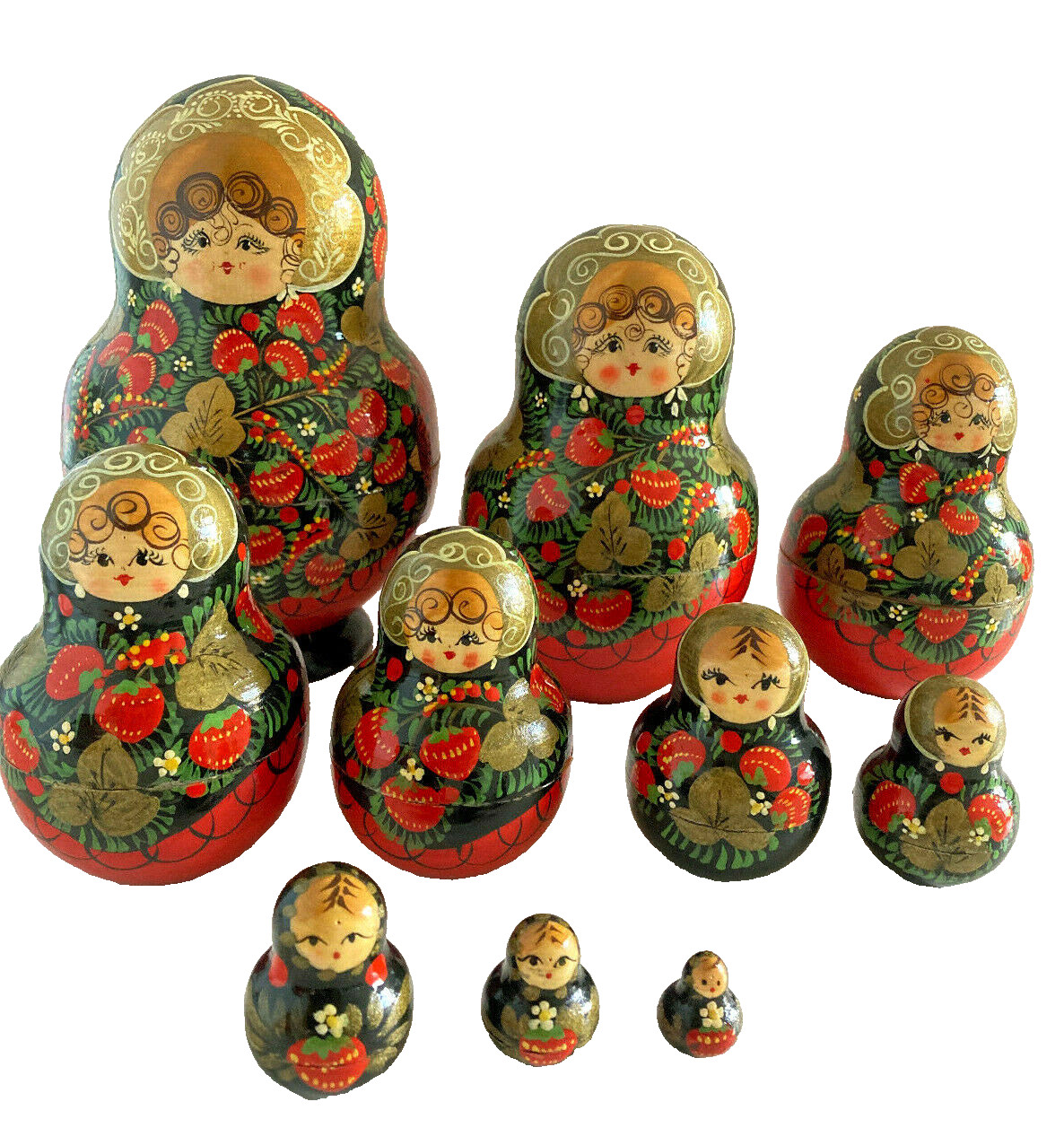 Vintage Russian 10 Nesting Dolls Matryoshka Hand Made/Paintad Gold/Red Vintage