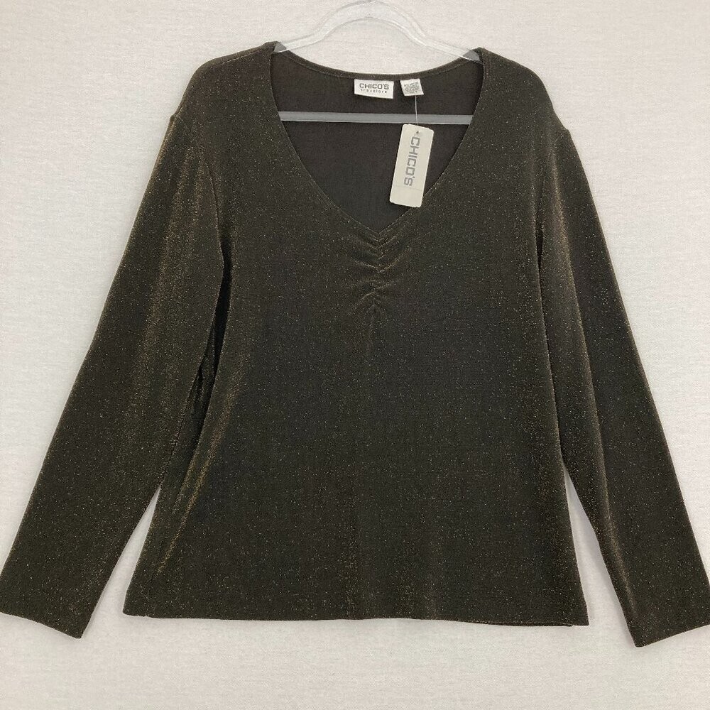 New Chico\'s Travelers Ruched Detail V Neck Slinky Knit Metallic Top size Large/2