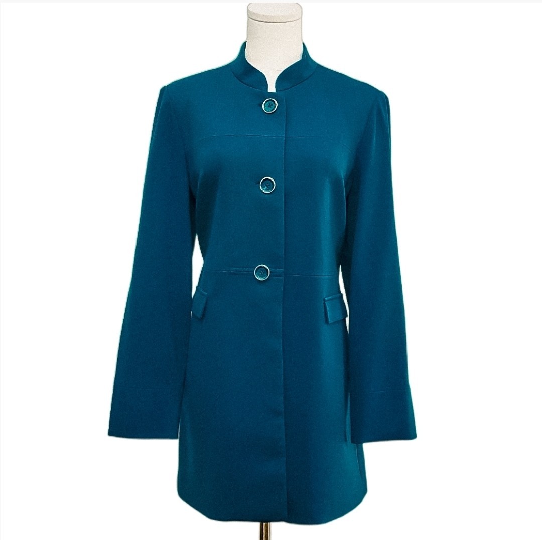 Chico\'s Clean Ponte Topper Coat Sz 8 Victorian Blue Mid-Length Button Front NWT