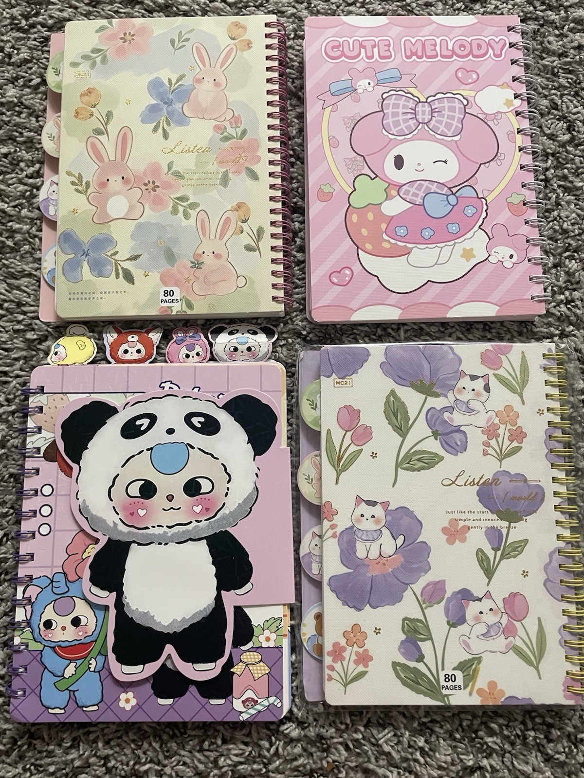 4 Pack Cute Girls Spiral Notebooks – Cats, Melody, Panda – A5 School Journals