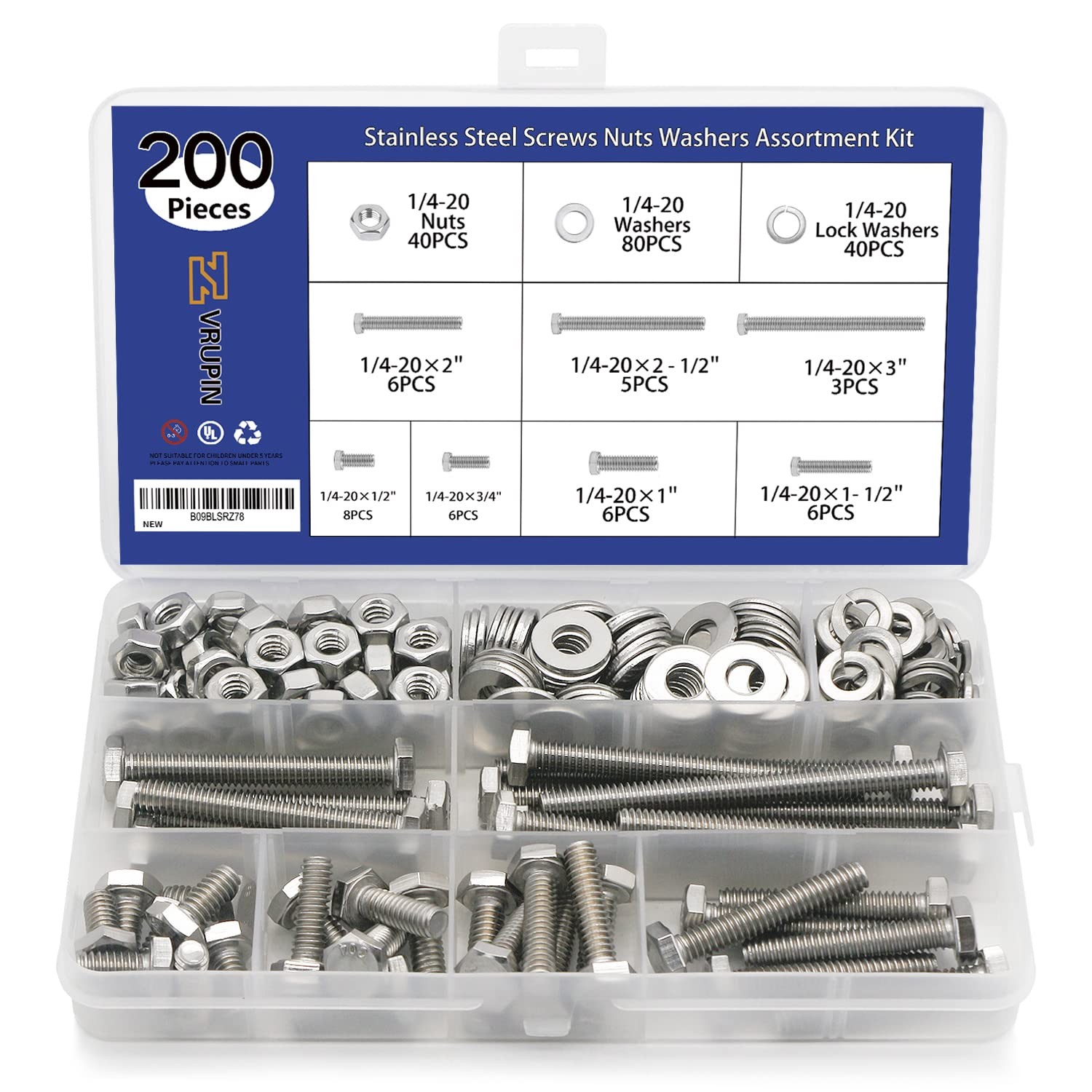 200PCS Nuts and Bolts 1/4-20 x 1/2”, 3/4”, 1”, 1-1/2”, 2”, 2-1/2”, 3