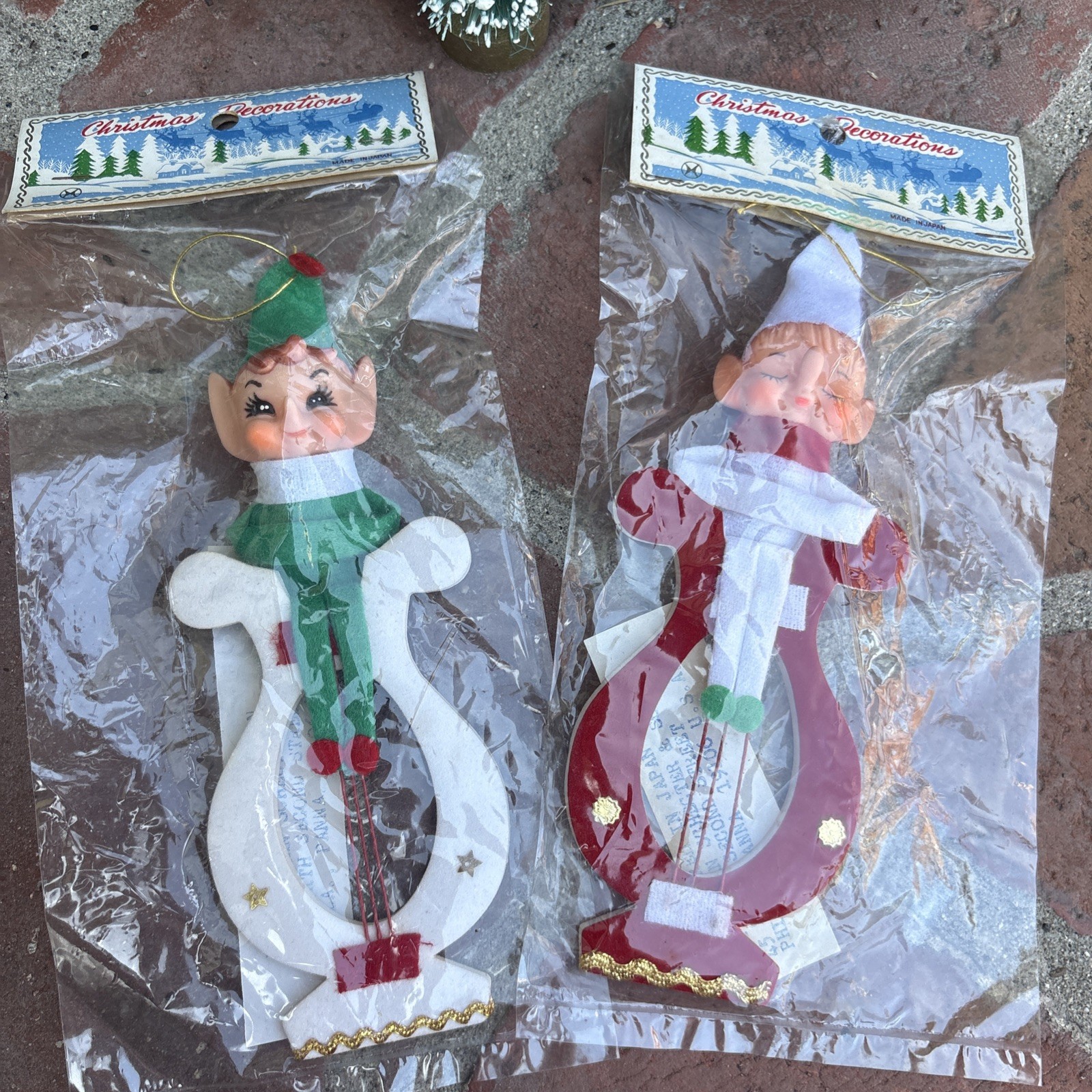 Vintage Christmas Pair Japan Plastic PIXIES Elves Musical Instruments NOS