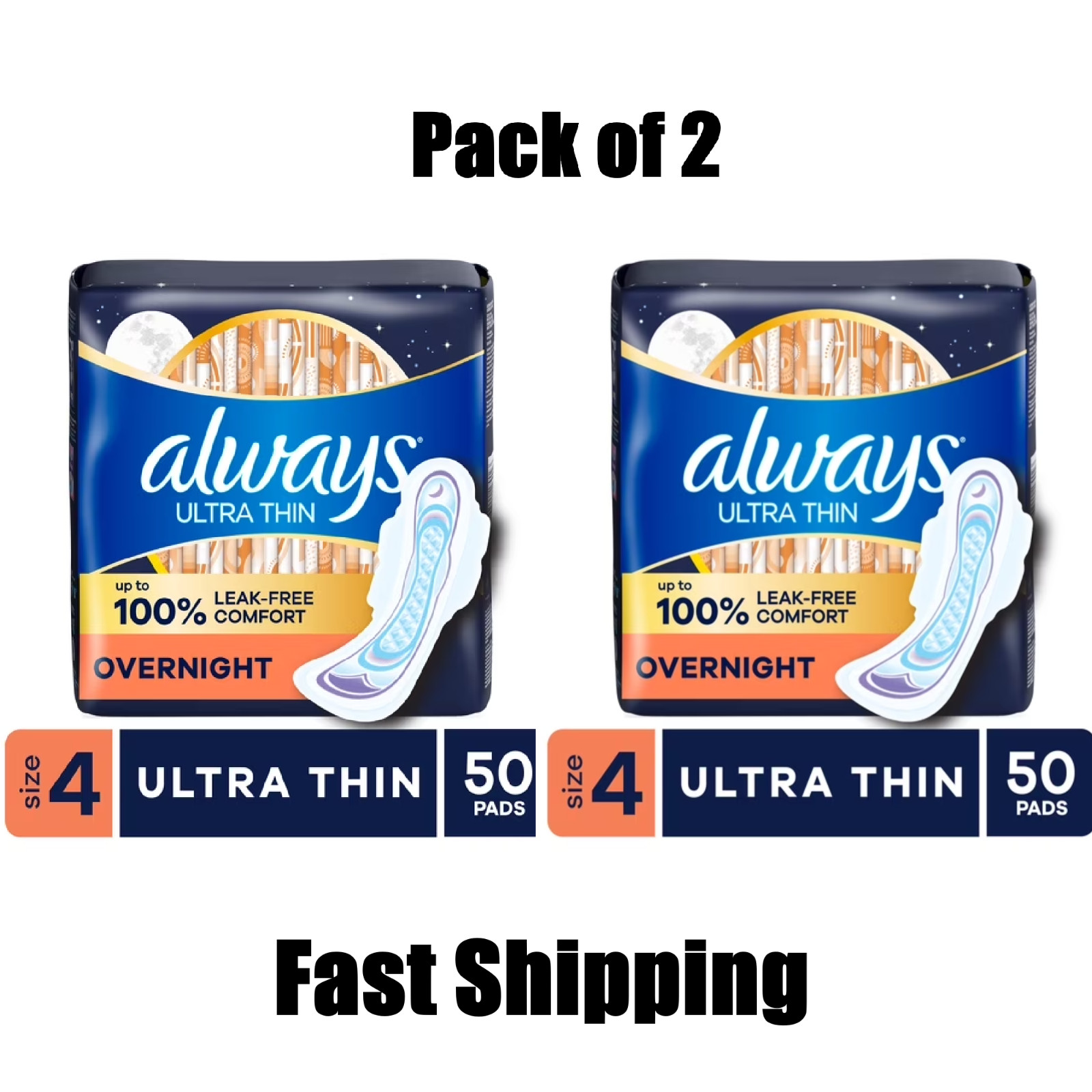 Always Ultra Thin Overnight Pads with Wings, Size 4, Overnight, 50 Count 2 Pack