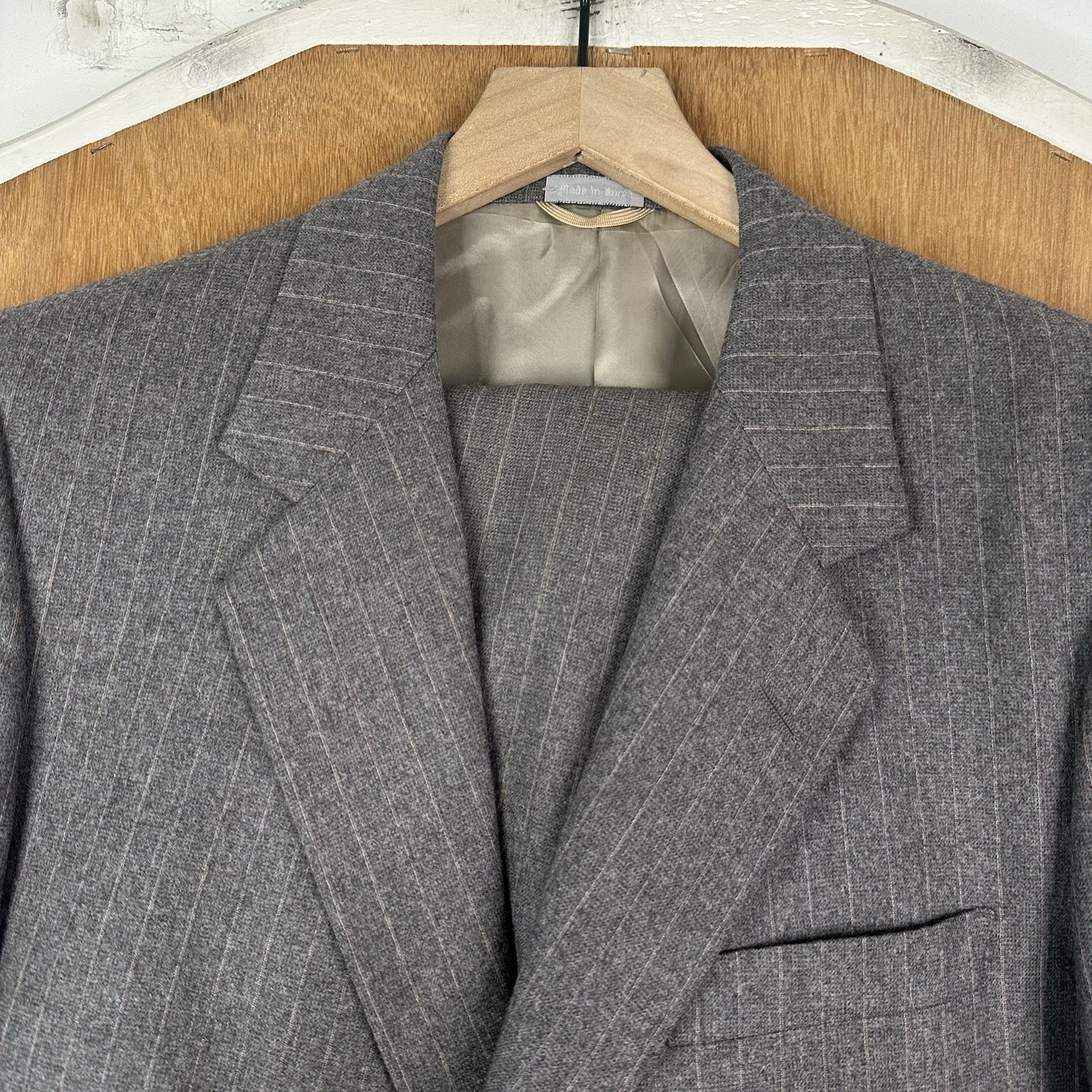 VTG Bespoke Suit Mens 40r Gray Pinstripe 2 Button 100% Wool Pants 34x29 Flannel