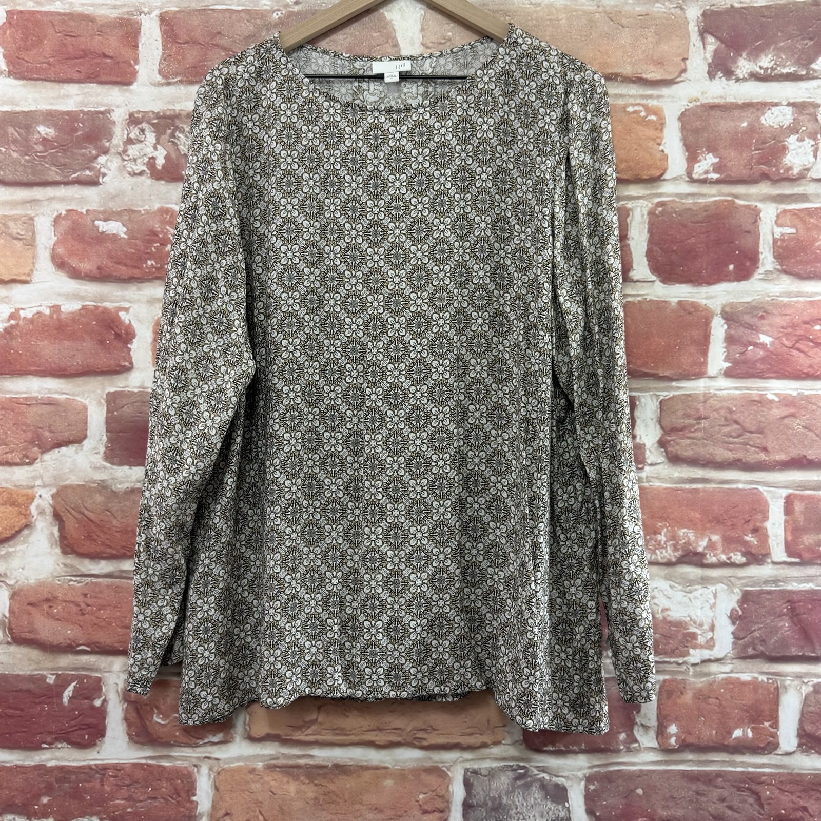 J Jill Top Womens XL Brown Multicolor Boho Batik Floral Casual Career Shirt 