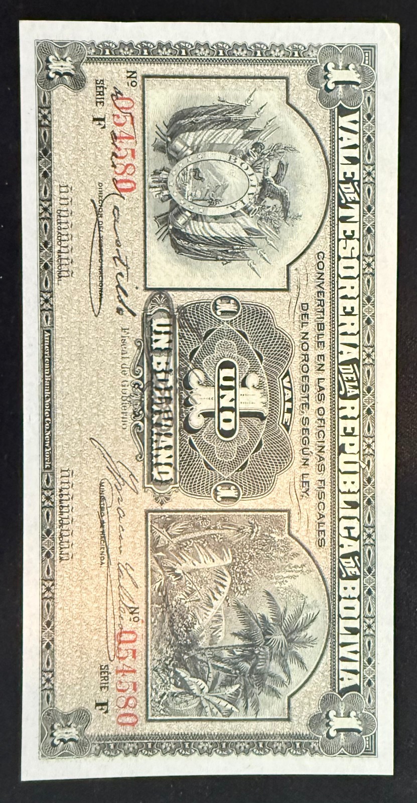 Bolivia 1 Boliviano P-92a 1902  UNC Red Serial S.America Currency NOTE GEM UNC
