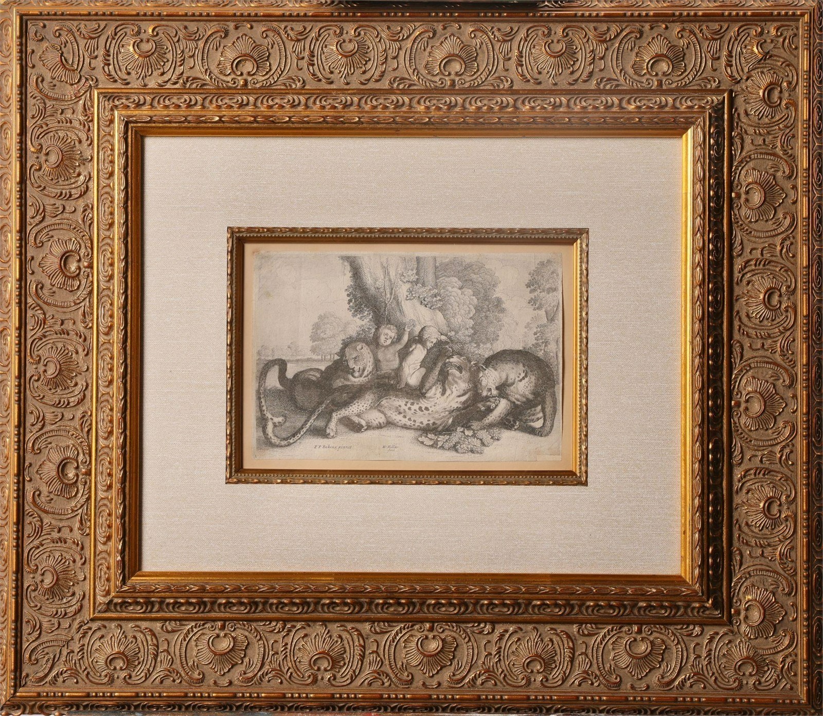 Peter Paul Rubens Three Leopards & Two Boys Etching by W. Hollar c.1645 Framed
