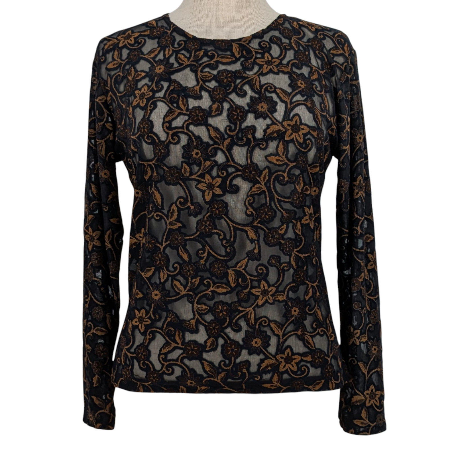 Vintage 90s Sheer Floral Burnout Top M Whimsigoth Fairy Grunge Witch Bronze Boho