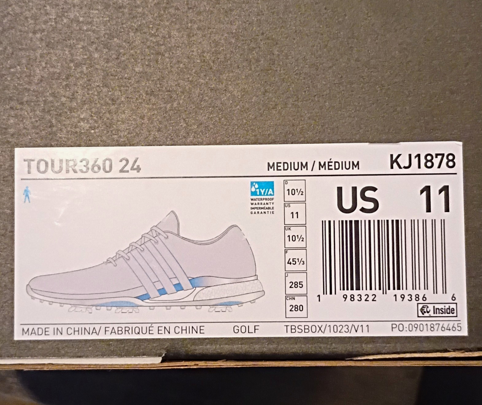 adidas Tour360 24 Waterproof Spiked Golf Shoes White/Blue Men\'s US 11 KJ1878