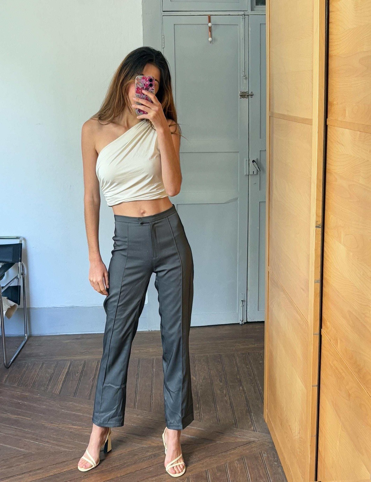Vintage Shiny Grey Wide Leg Trousers