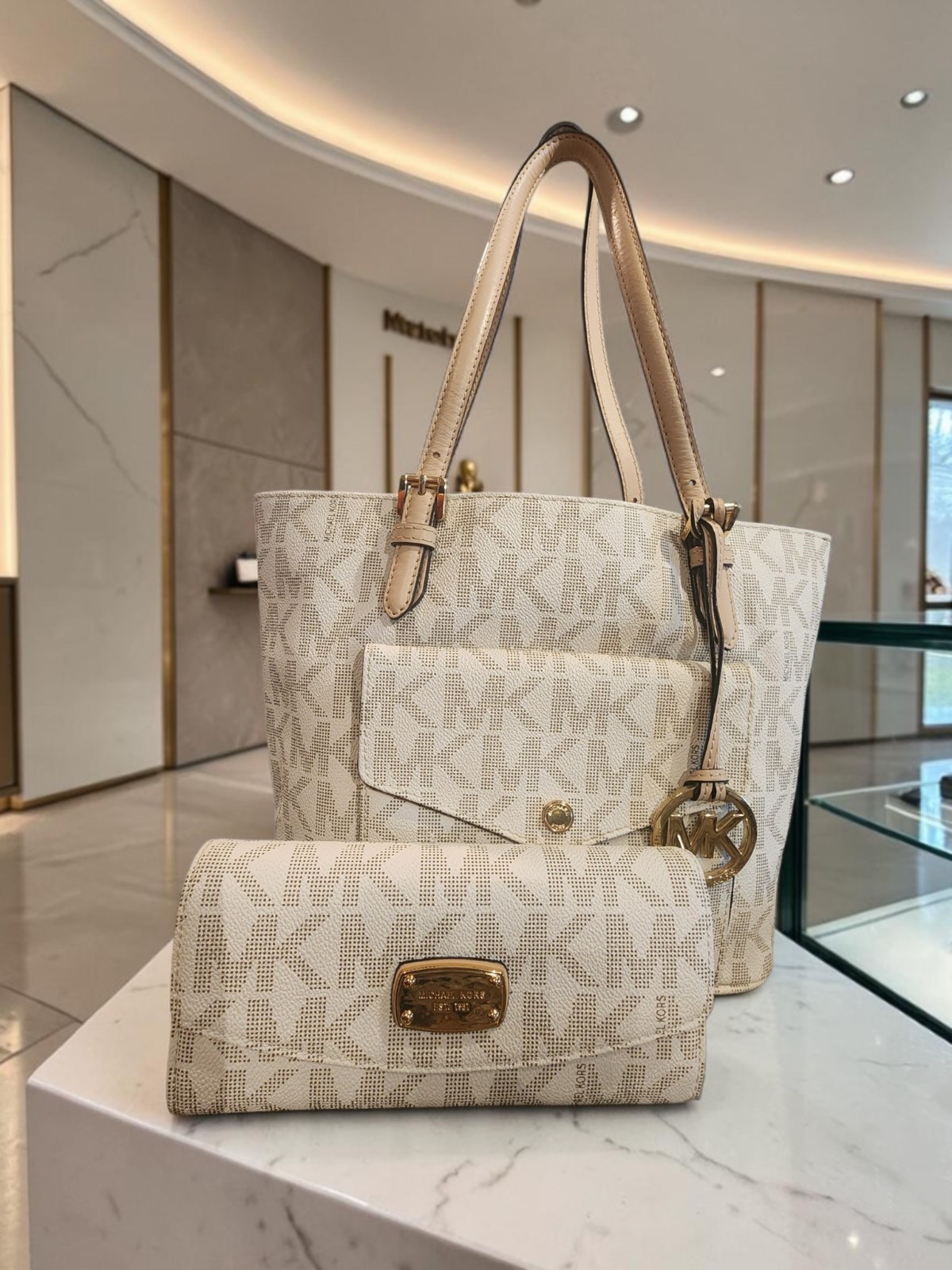 Michael Kors Signature Coated Canvas & Jet Set Pocket Tote and Wallet