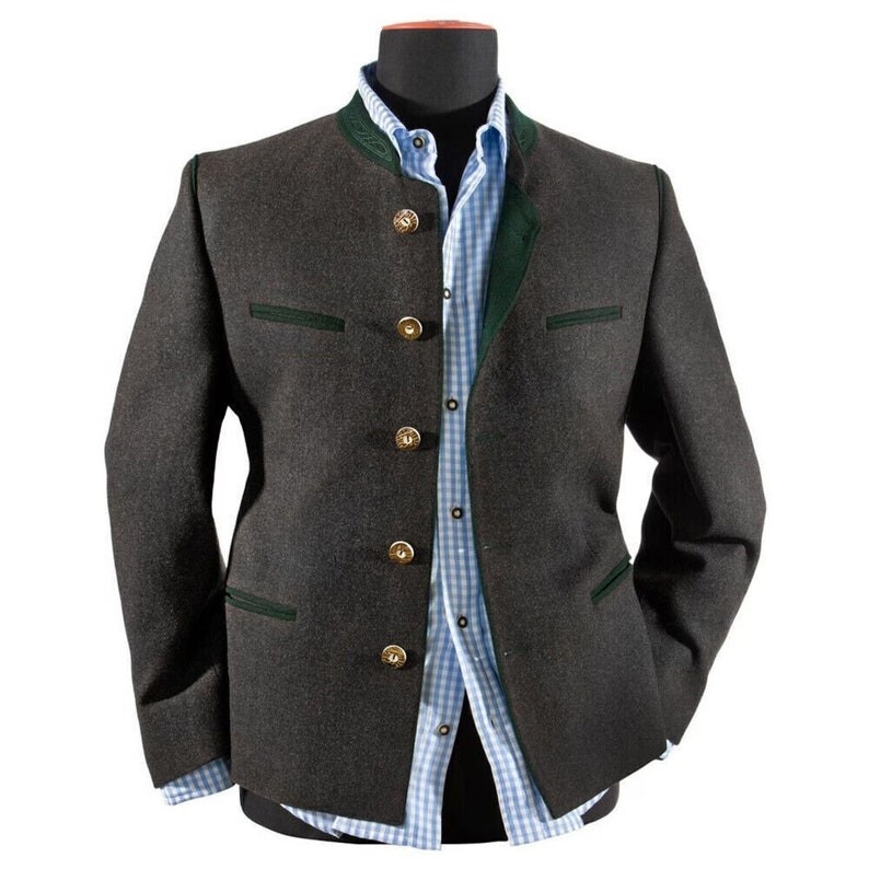 Men\'s German Bavarian Jacket Traditional Tyrol Loden Blazer Charcoal Wool Jacket