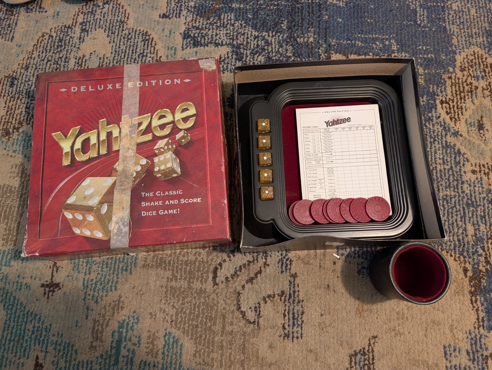 1997 Milton Bradley Yahtzee Deluxe Edition Gold Dice Game Complete Used