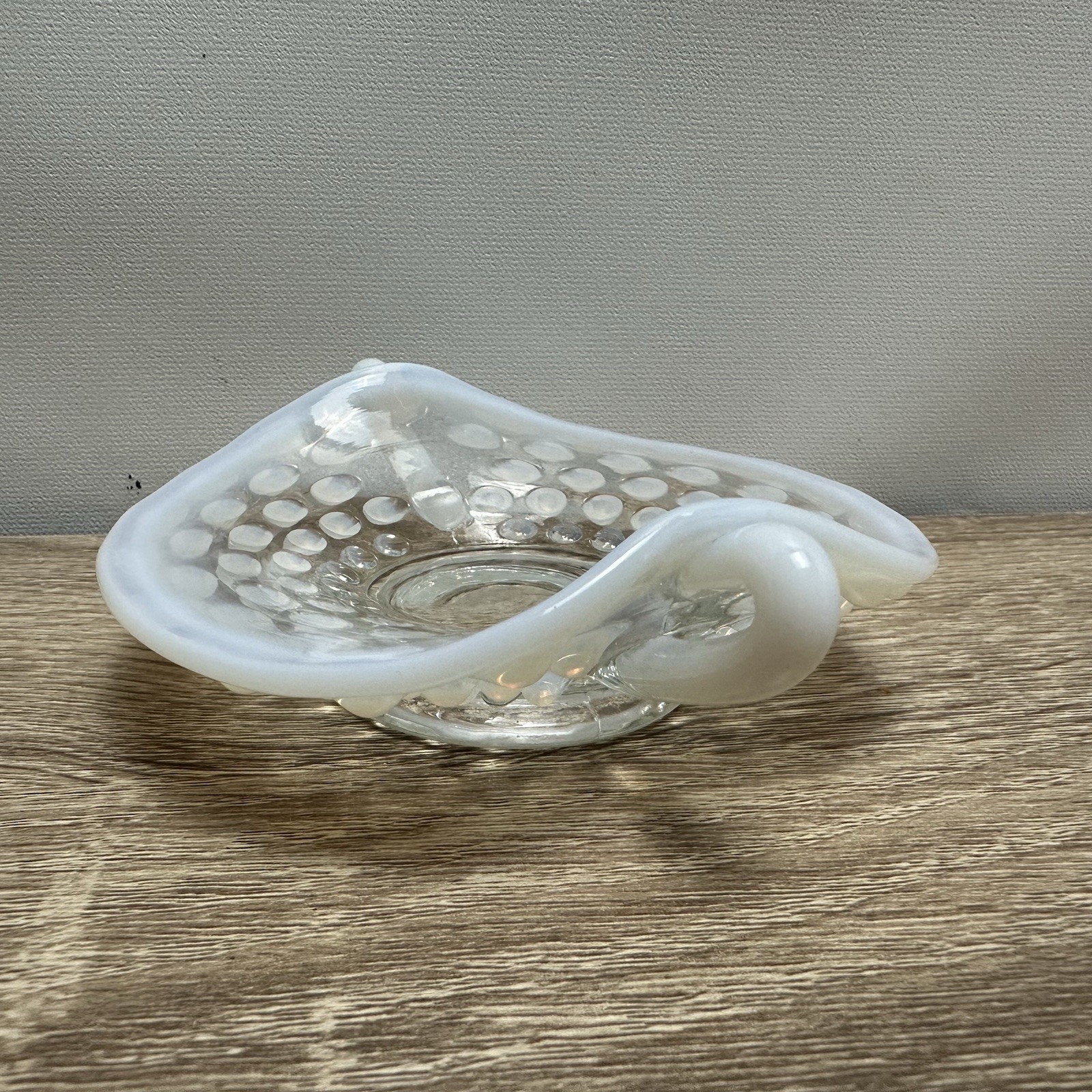Vintage Fenton French Opalescent Glass Hobnail Double Handled Bonbon Nappy Dish