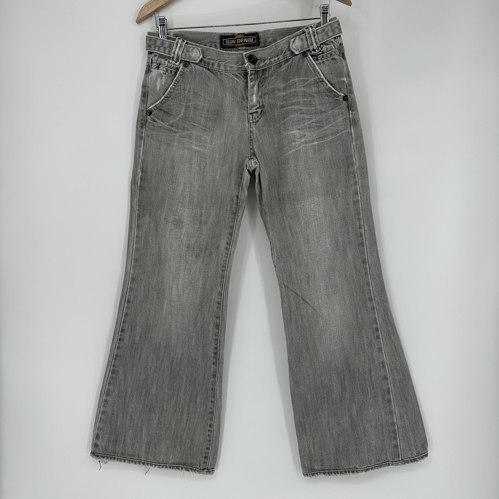 2000s NikiSix Denim low-rise flared jeans 30x26 wide leg gray Grunge Korean Y2K