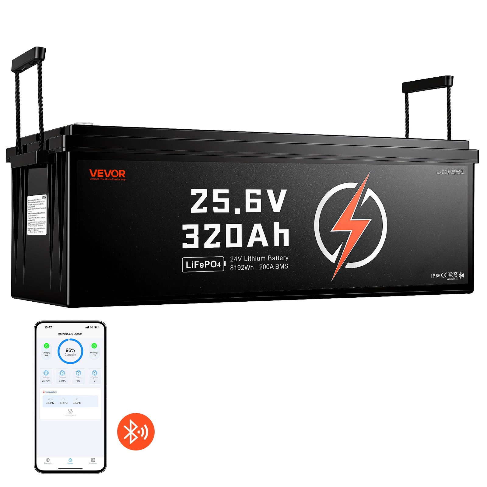 VEVOR 24V 320Ah LiFePO4 Lithium Battery 4000+ Cycles 200A BMS Bluetooth 8192Wh