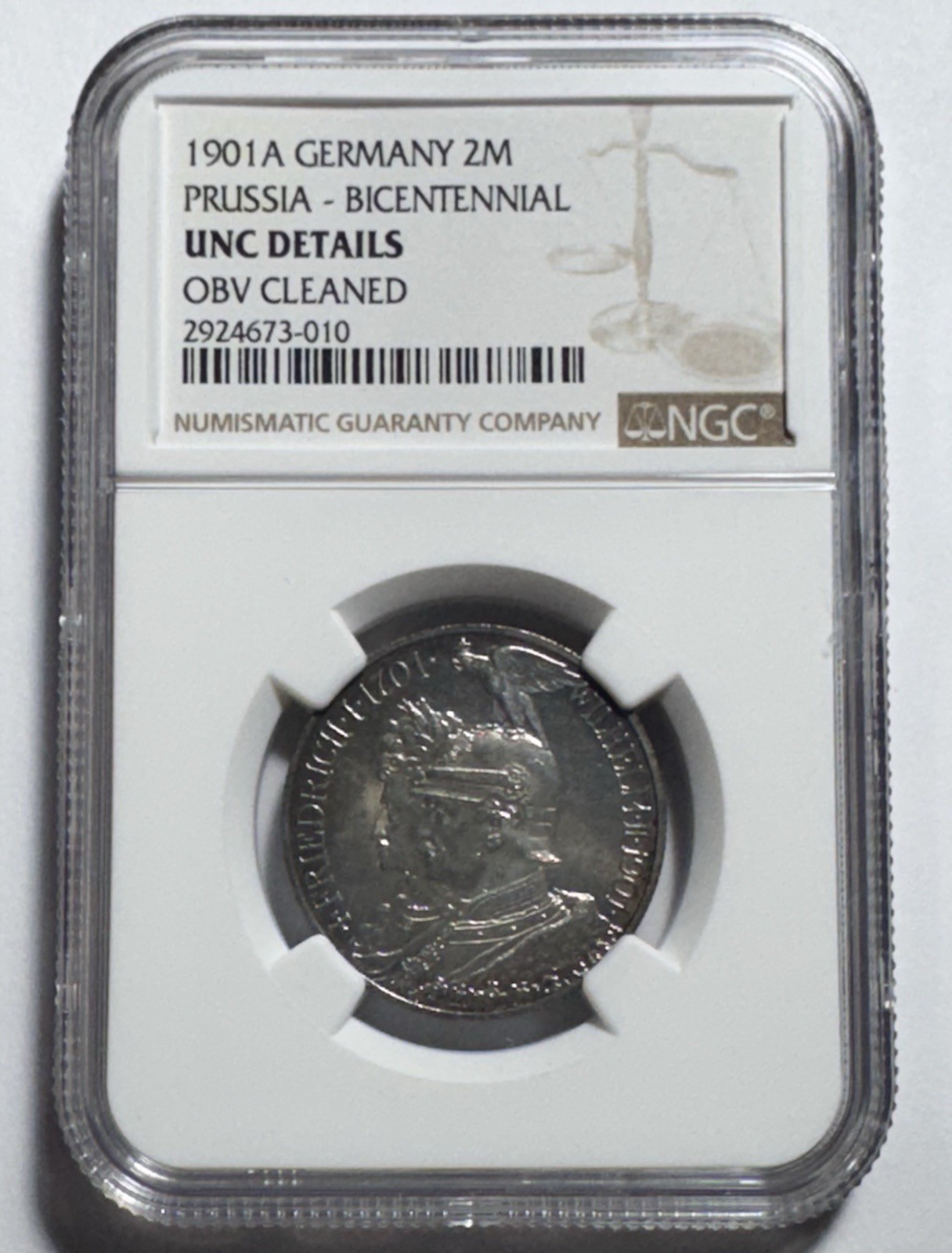1901-A Germany Prussia Silver 2 Mark NGC UNC Details Bicentennial Toned Reverse