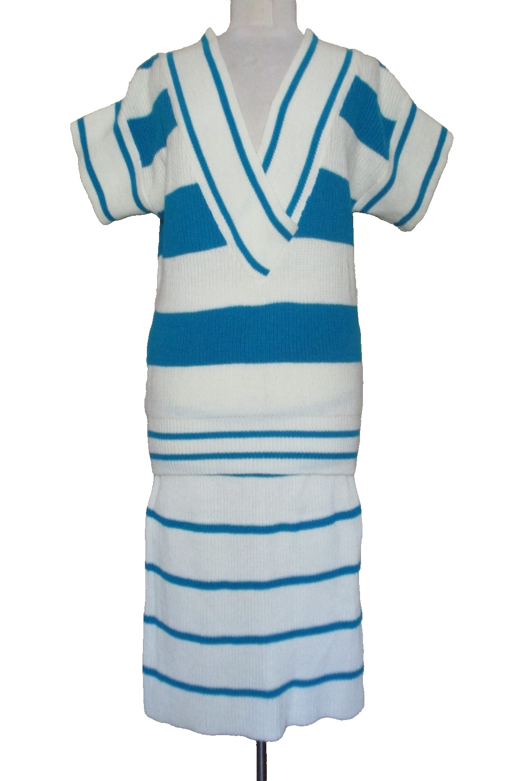 Vintage A\'Milano Knit Sweater & Skirt Set M/L Women Ivory Turquoise Striped