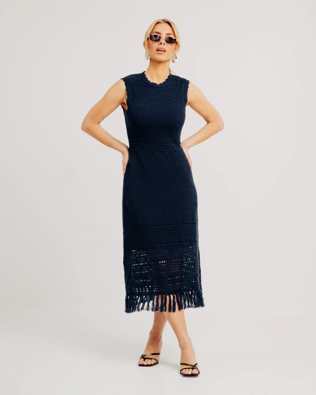 Torn by Ronny Kobo Womens Navy Blue Fringe Hem Colette Sleeveless Knit Dress M