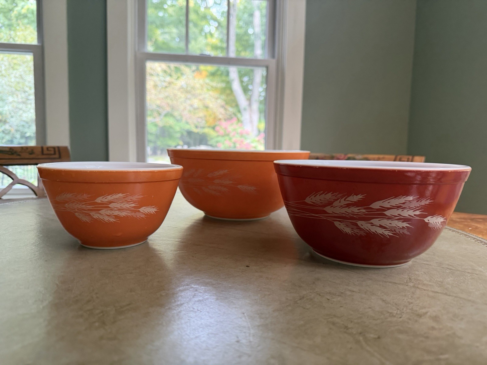 Vintage MCM Pyrex Autumn Harvest Wheat Nesting Mixing Bowls Set 401 402 403