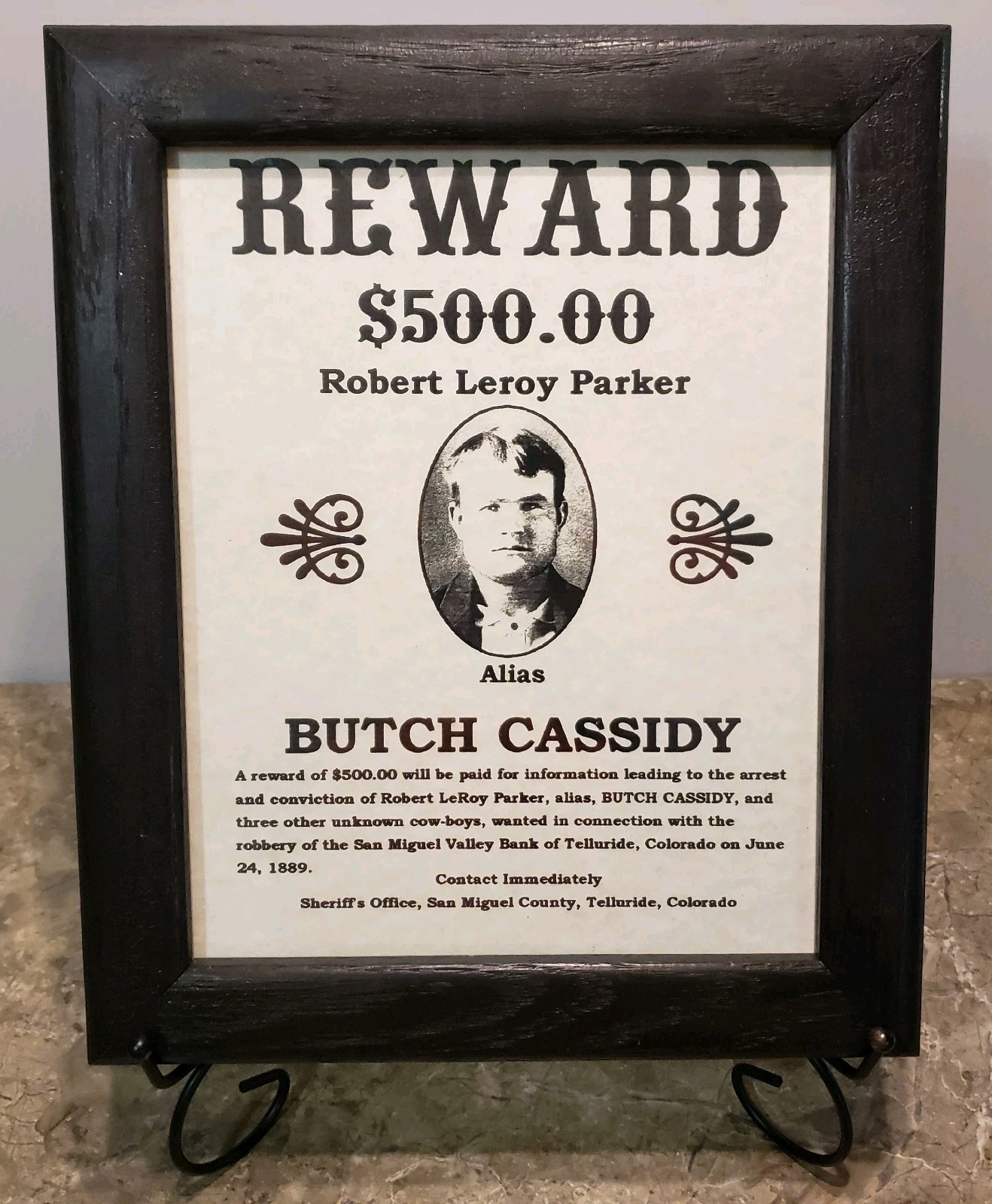 Framed Wanted/Reward Poster 1889 $500 Robert Leroy Parker (ALIAS) BUTCH CASSIDY