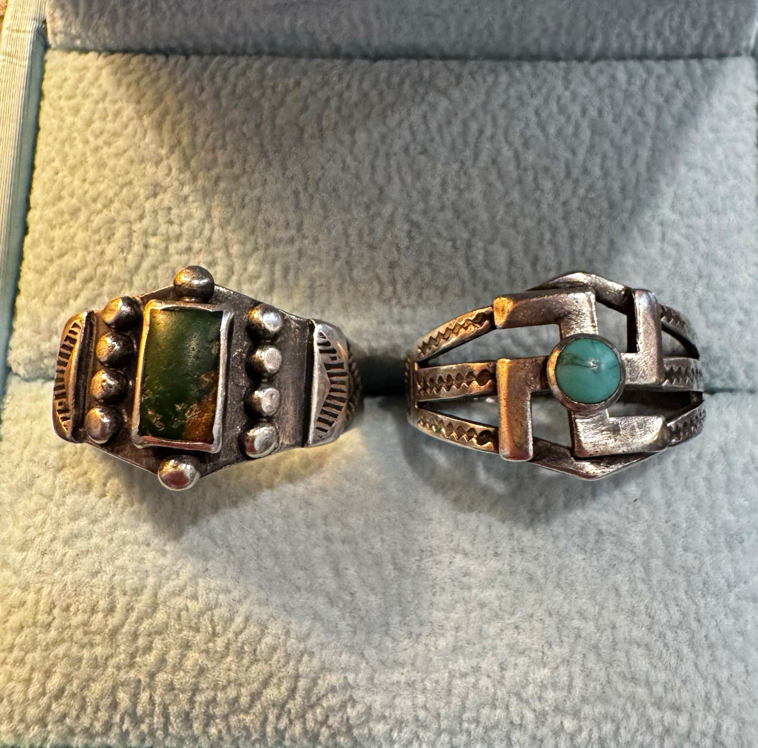 Vintage 1920s Native American Silver Pair Rings Green-Blue Turquoise 6.5 6.25