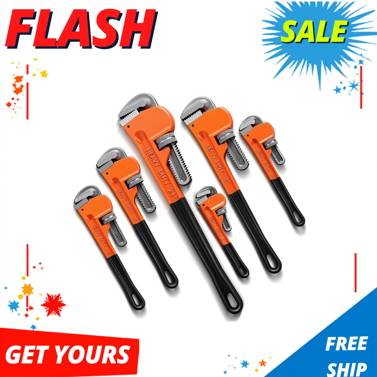 NEW 6 Piece Heavy Duty Pipe Wrench Set 8 10 12 14 18 24 Inch CV Steel Orange