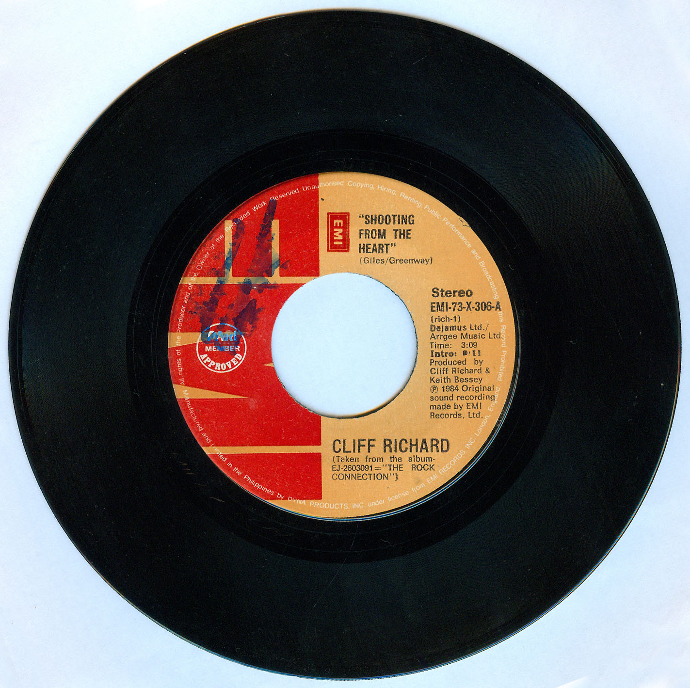 Philippines CLIFF RICHARD Shooting From The Heart / Small World 45 rpm Record
