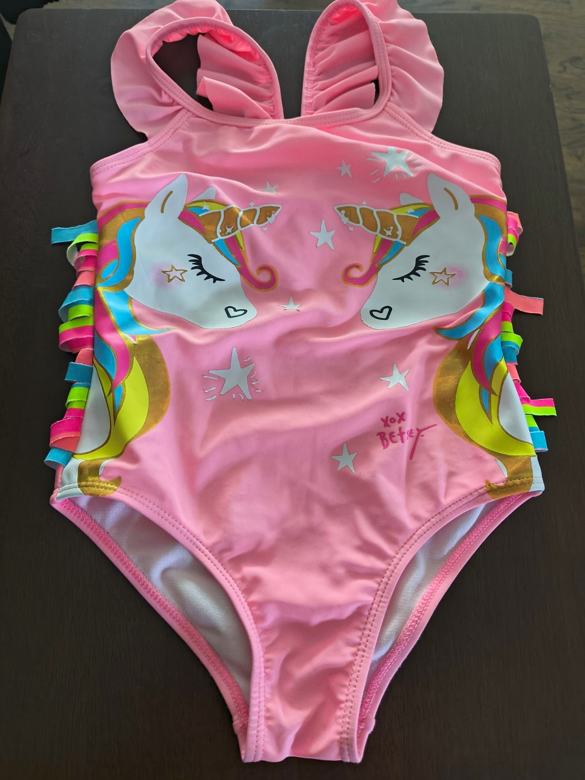 Betsey Johnson Girls Size 5 Pink Unicorn Graphic Print One-Piece Ruffle Strap