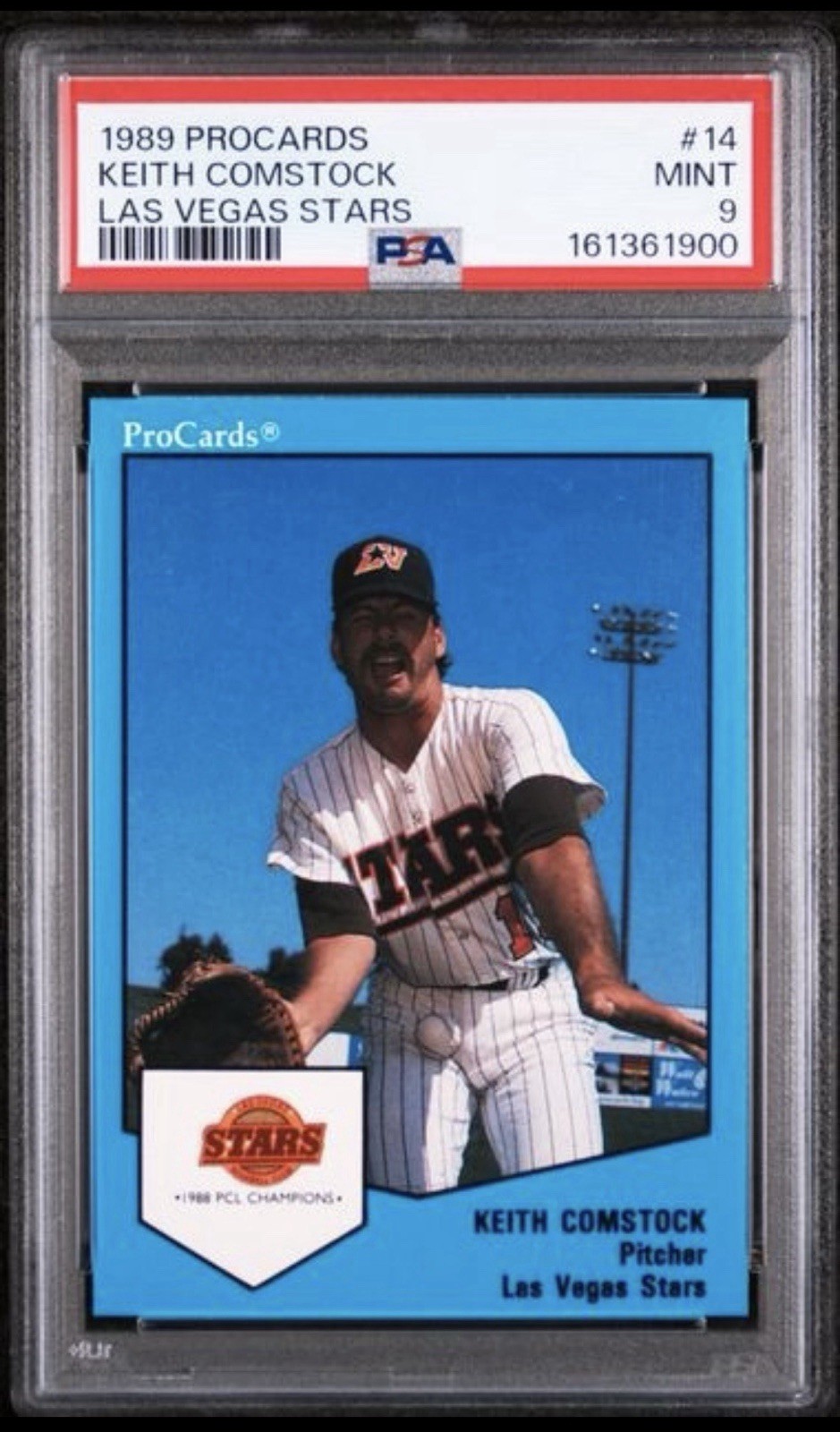 1989 ProCards Keith Comstock #14 Las Vegas Stars Ball in Nuts PSA 9 MINT