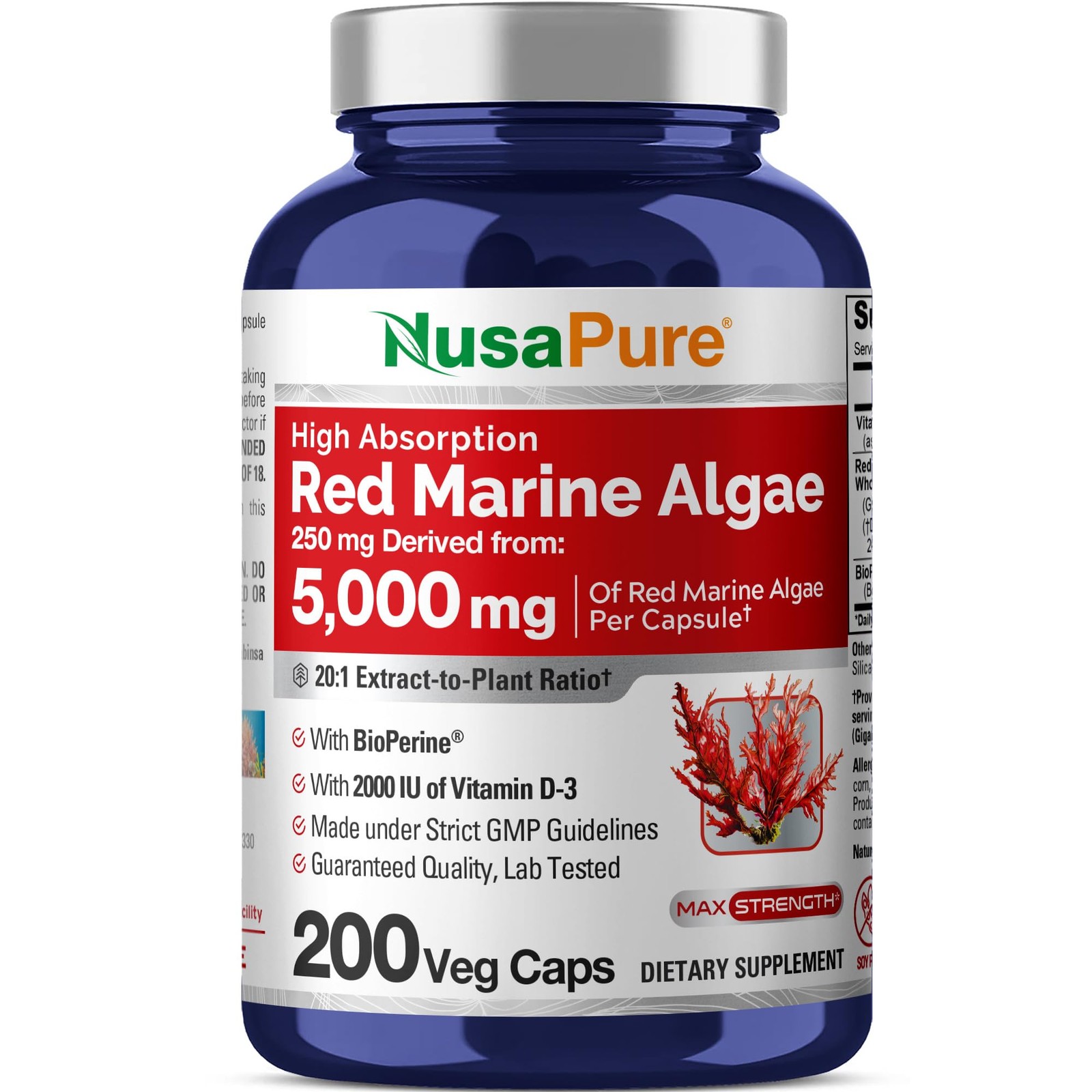 Red Marine Algae 20:1 Extract 250 mg Veggie Capsules - Non-GMO, Soy Free