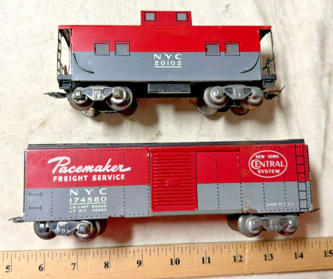 O gauge Marx 3/16th Scale Tin Freight Cars: NYC 20102 caboose and 174580 boxcar