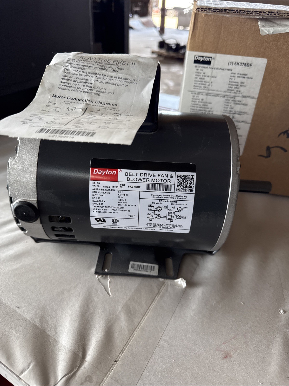 Dayton 6K376BF Belt Drive Fan and Blower Motor 3/4 HP 1 Phase 1725RPM Frame 56