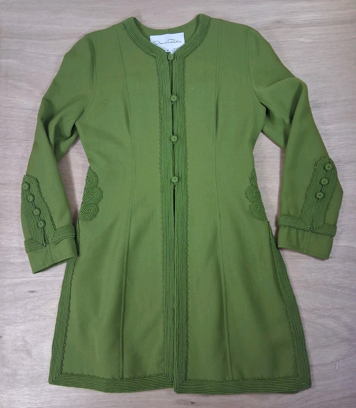 Oscar de la Renta Womens 8 Green Wool Coat Made Italy Cord Trim Designer
