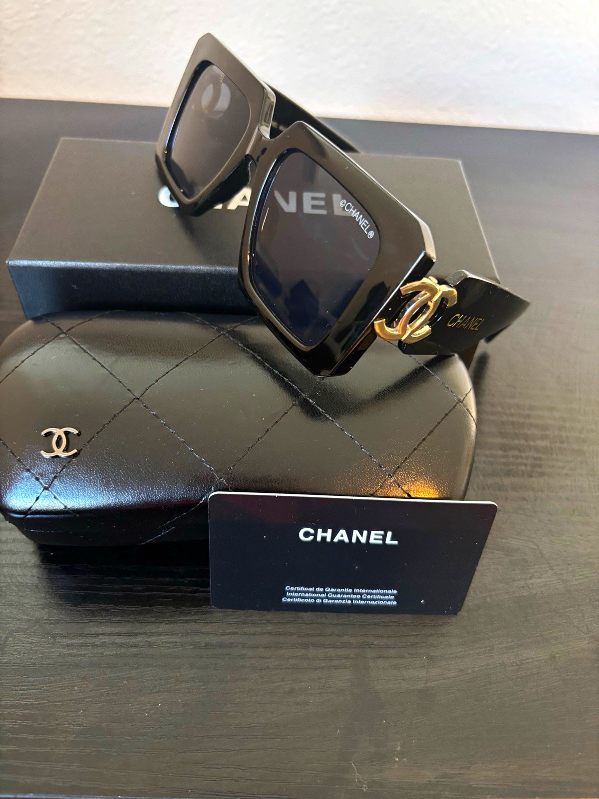 CHANEL Women’s Oversized Square Sunglasses Black Plastic Frame Tinted w/ Case CHANEL Women’s Oversized Square Sunglasses Black Plastic Frame Tinted w/ Case