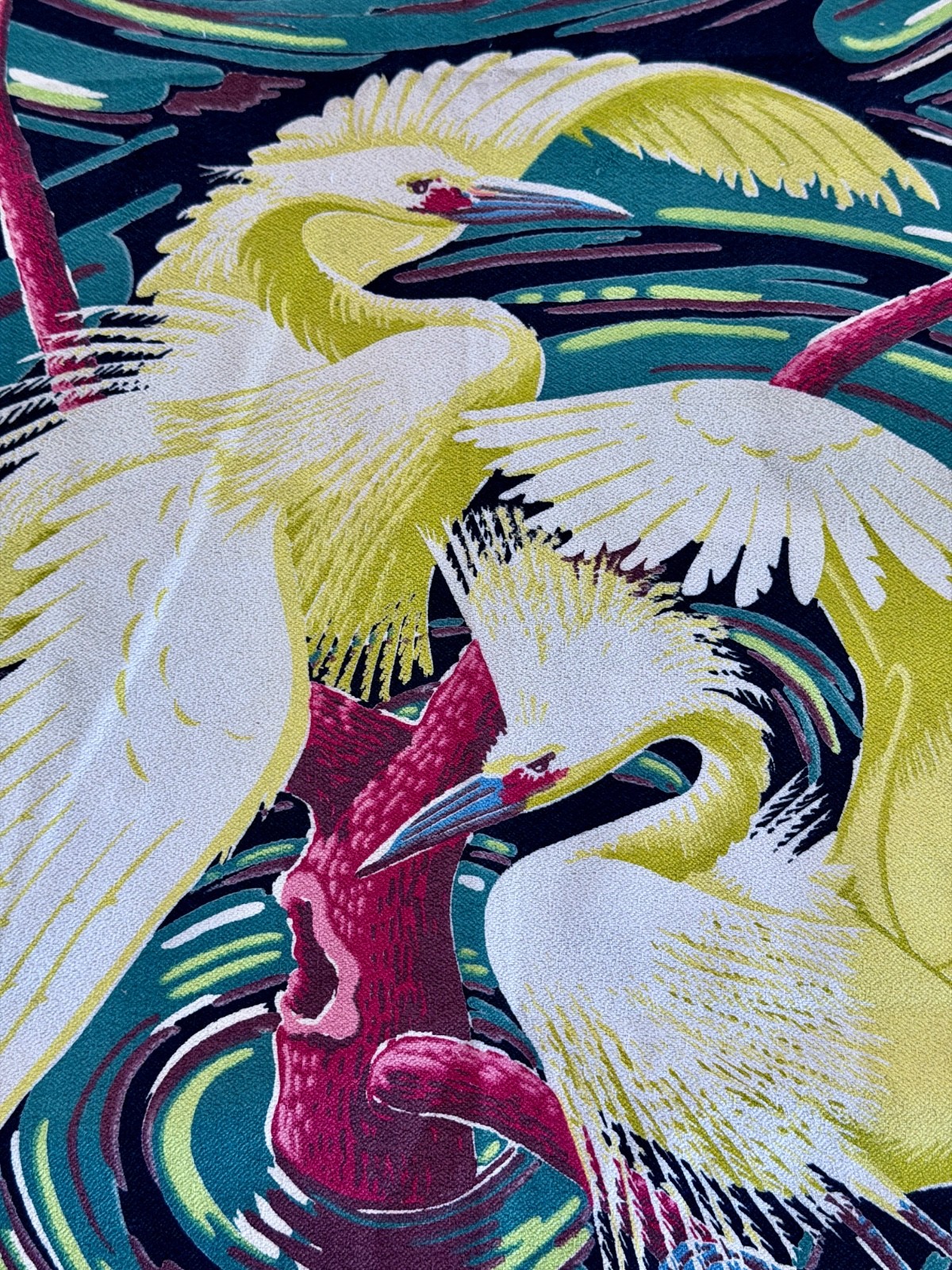 RARE 1940’s Egrets on SWIRL Miami Beach Art Deco Birds Barkcloth Vintage Fabric RARE 1940’s Egrets on SWIRL Miami Beach Art Deco Birds Barkcloth Vintage Fabric