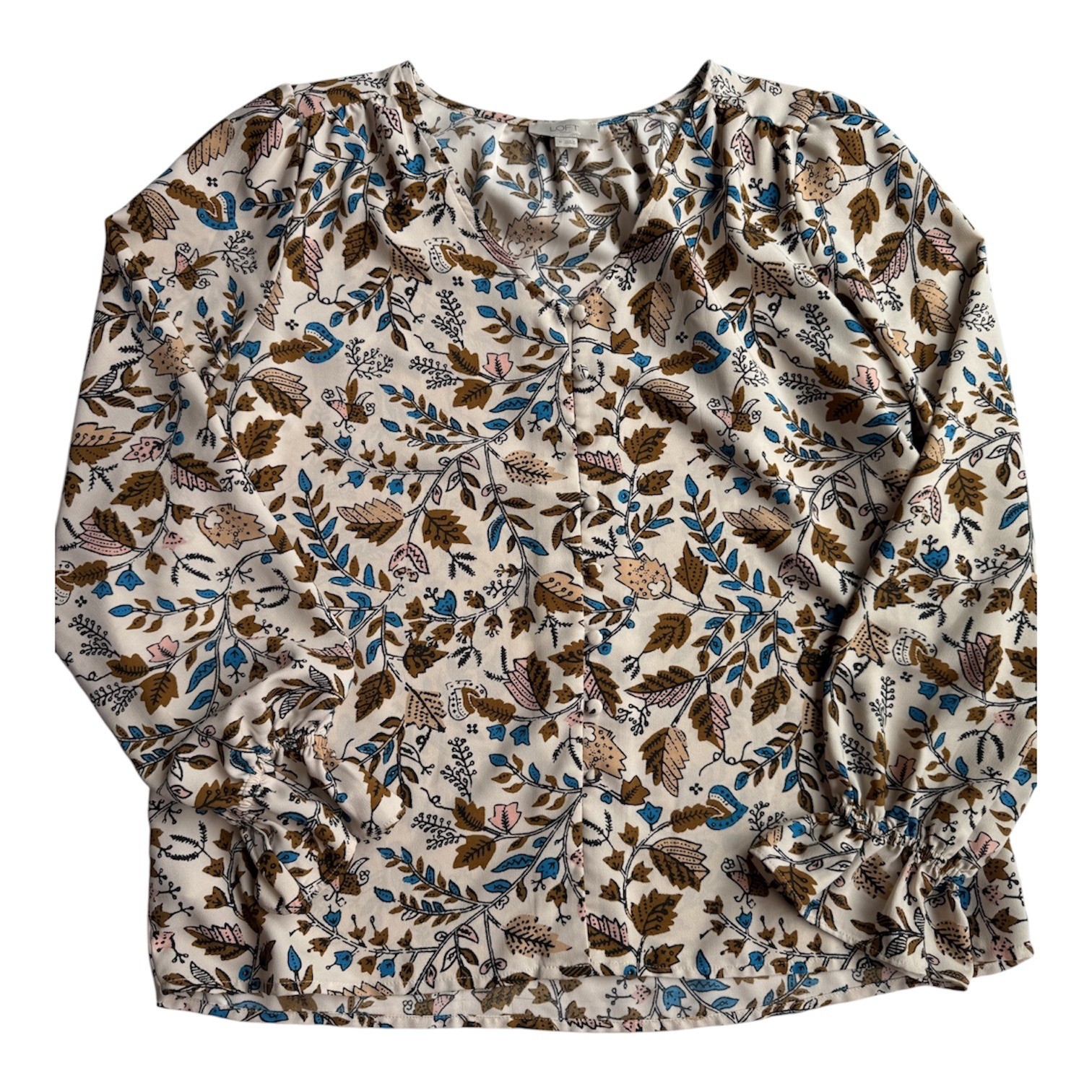 Loft Outlet Womens Floral V-Neck Button Front Blouse Cream Brown Blue Size M