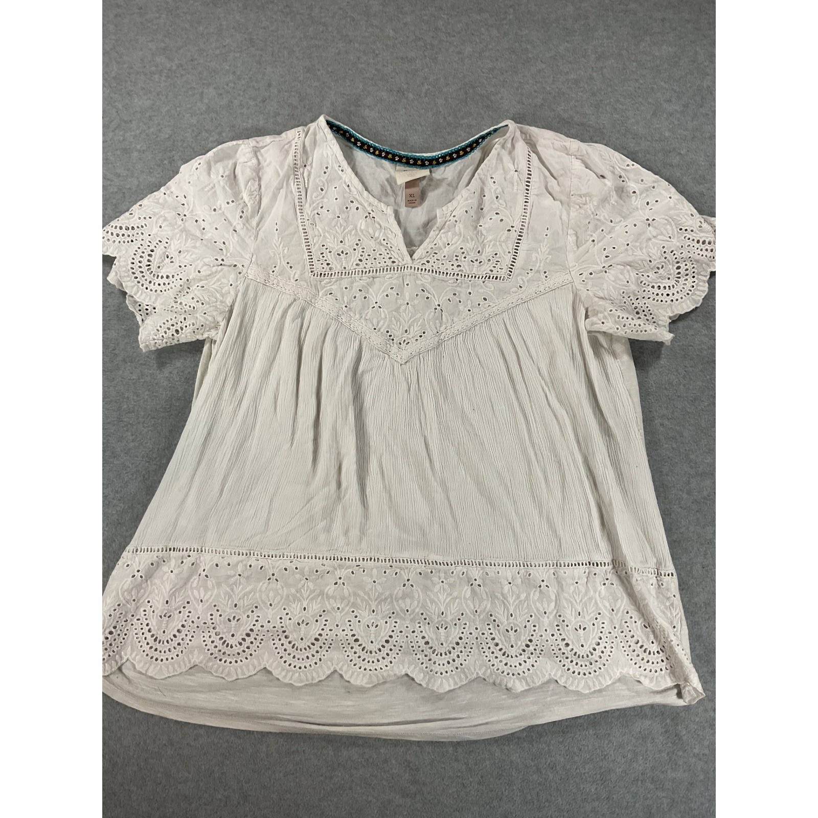 Knox Rose Womens XL White Eyelet Embroidered Boho V-Neck Short Sleeve 2736 Knox Rose Womens XL White Eyelet Embroidered Boho V-Neck Short Sleeve 2736