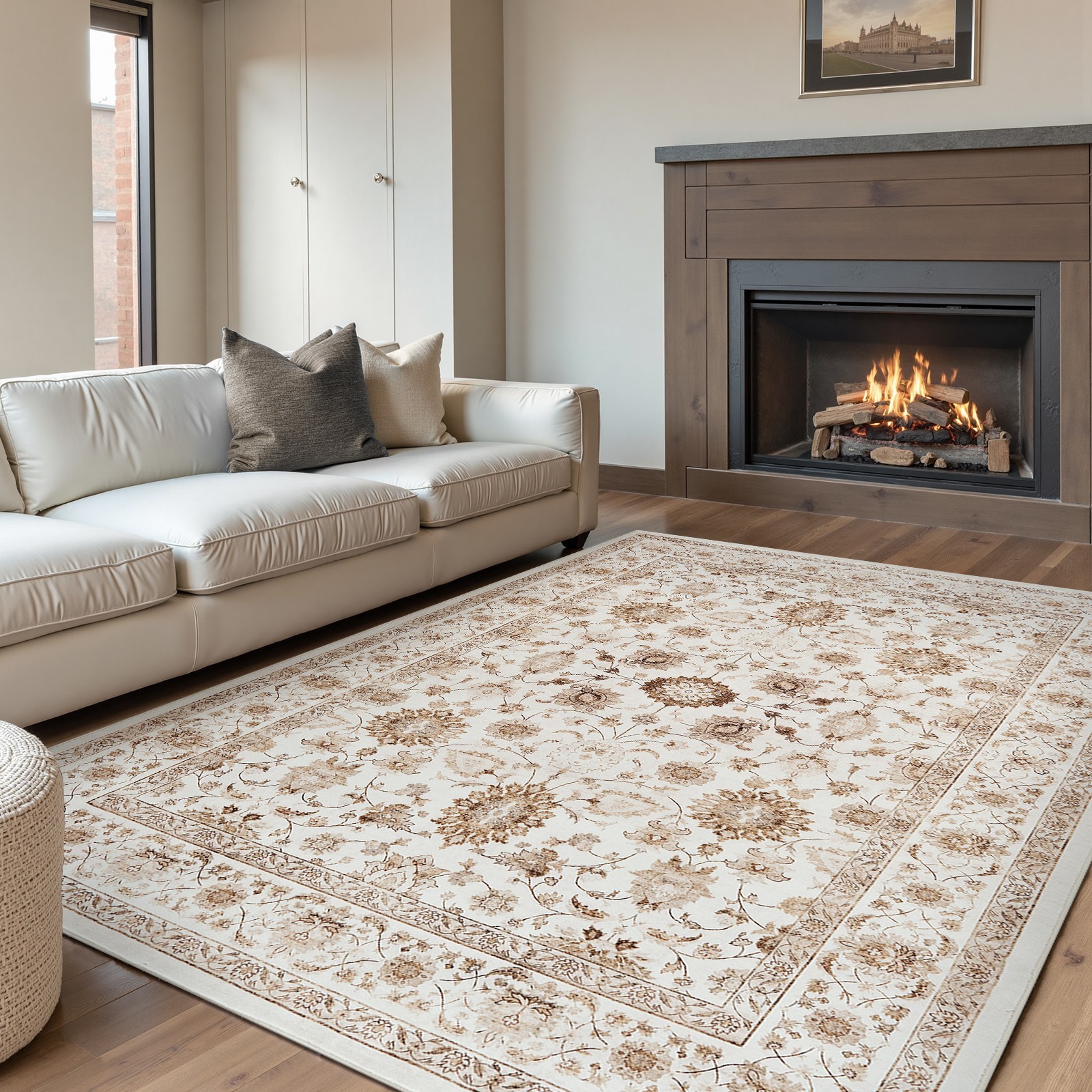 8 x 10 Area Rug Oriental Washable Rug Vintage Floral Carpet Non Slip Taupe