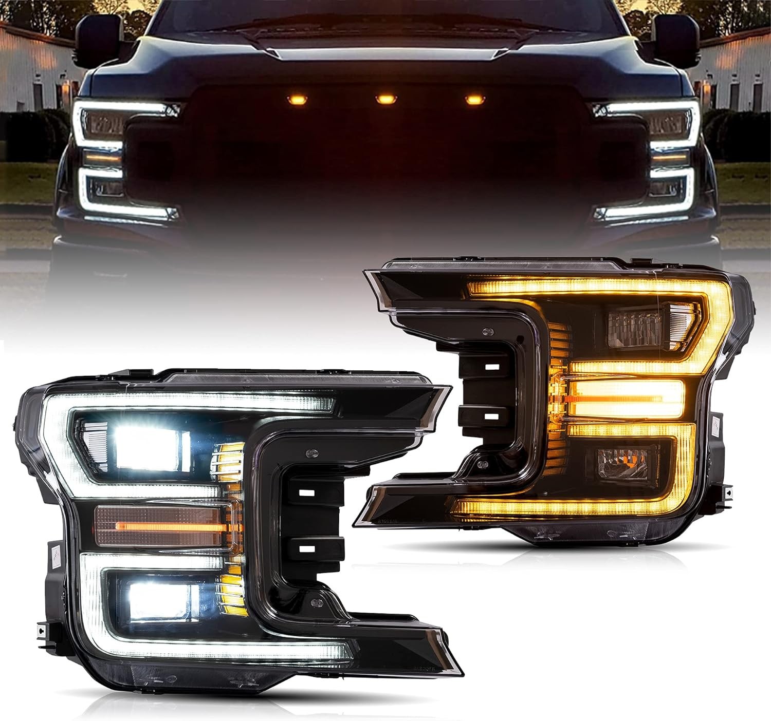 2X VLAND Black LED Headlights Assembly For 2018-2020 Ford F150 F-150 Front Lamps