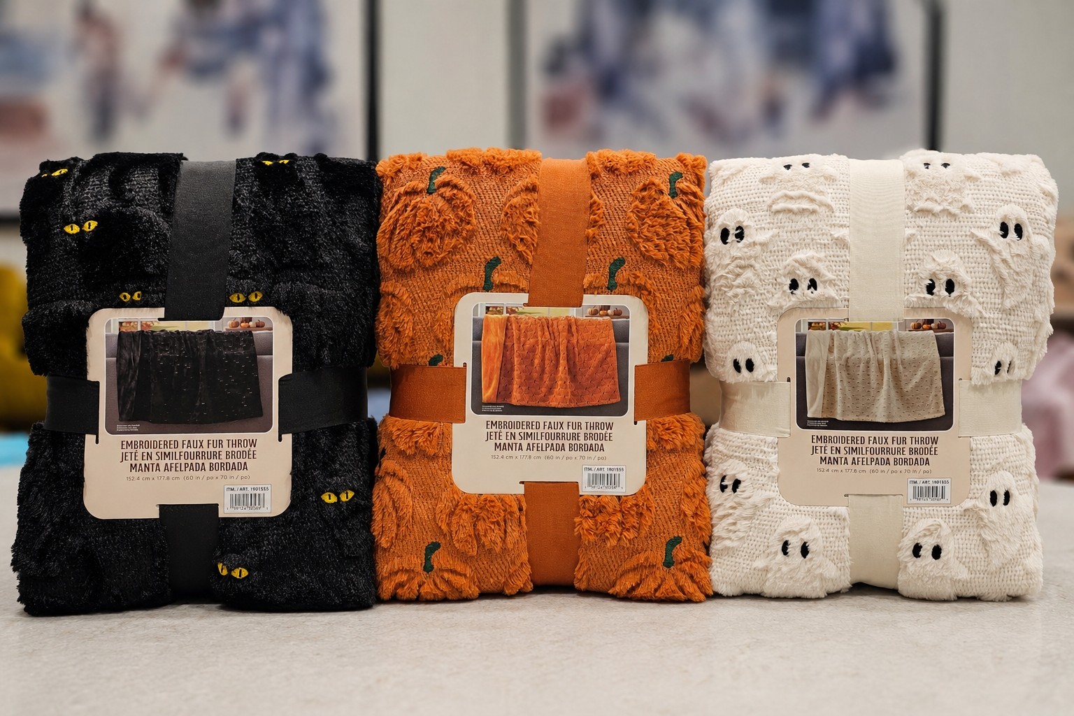 NWT Costco Halloween Faux Fur Throw Blanket Lot of 3 Ghost Cat Pumpkin