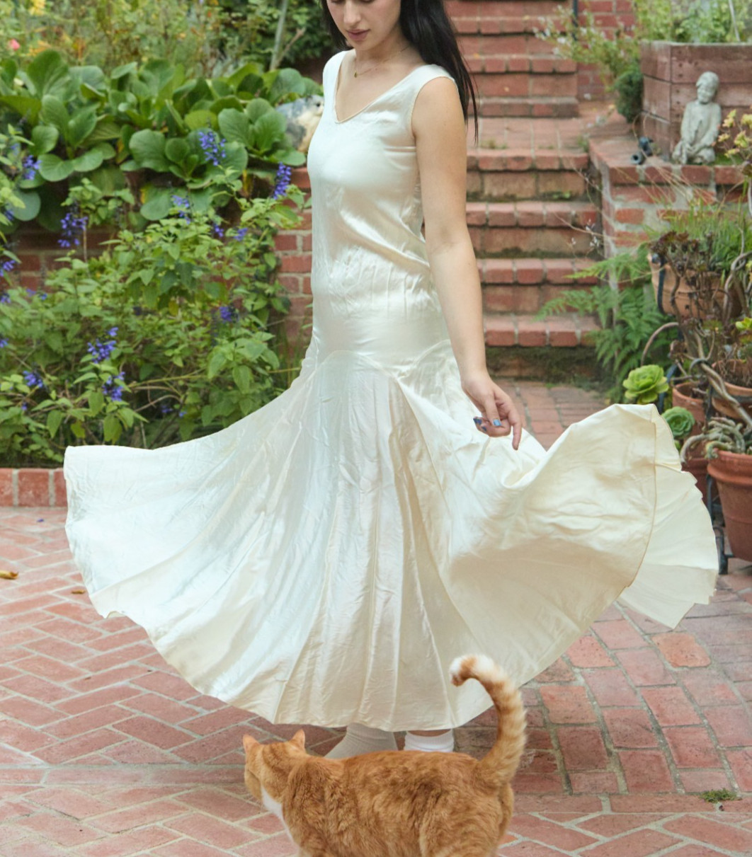 Vintage 30s 40s Handmade S/M Rayon Satin Dress Flare Ivory