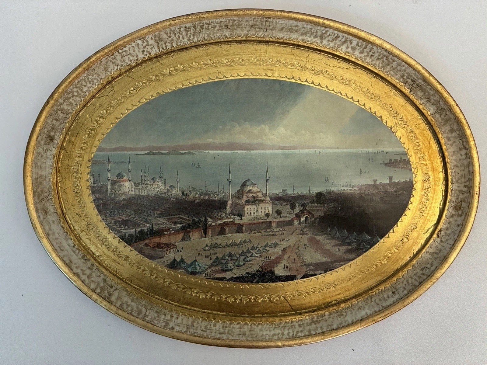 Vtg Legno Italian Florentine Gold Gilt Oval Tray Istanbul Print Hollywood Regent