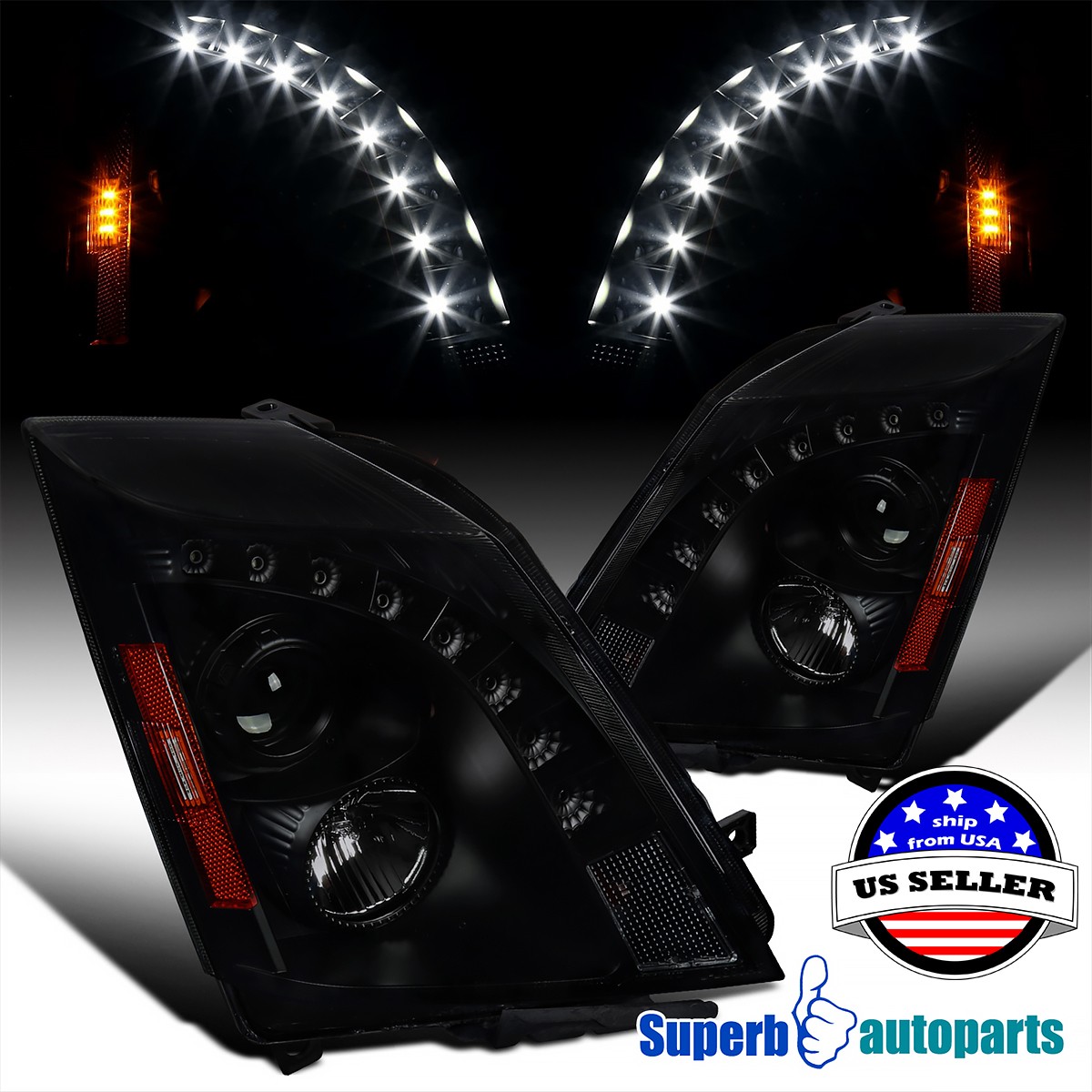 Fits 2008-2014 Cadillac CTS Black Smoke Projector Headlights L+R