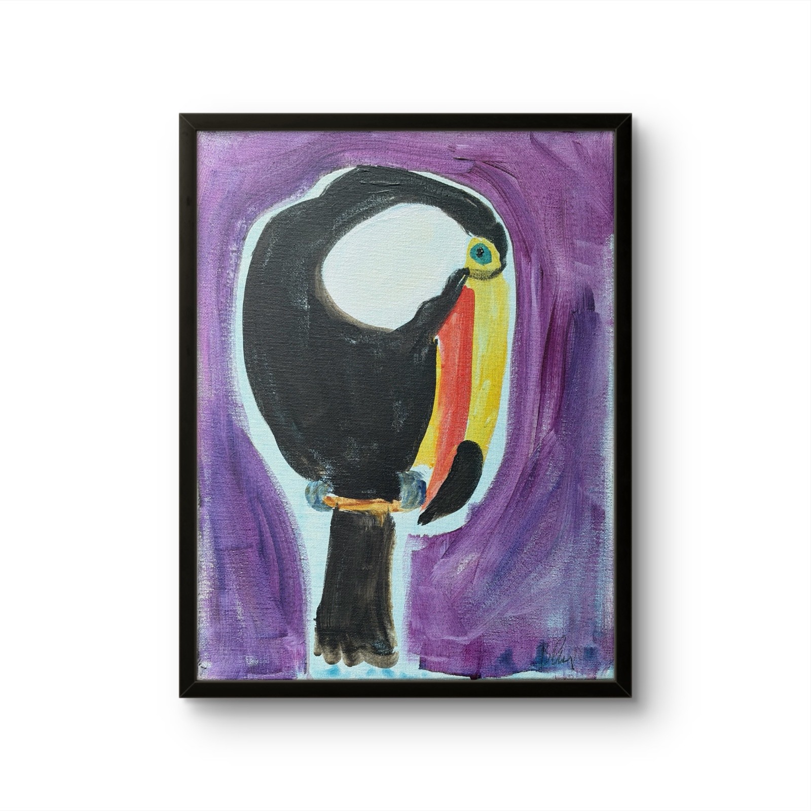B.Perry Original 14x11 Folk Toucan Purple Background Painting Signed Canvas