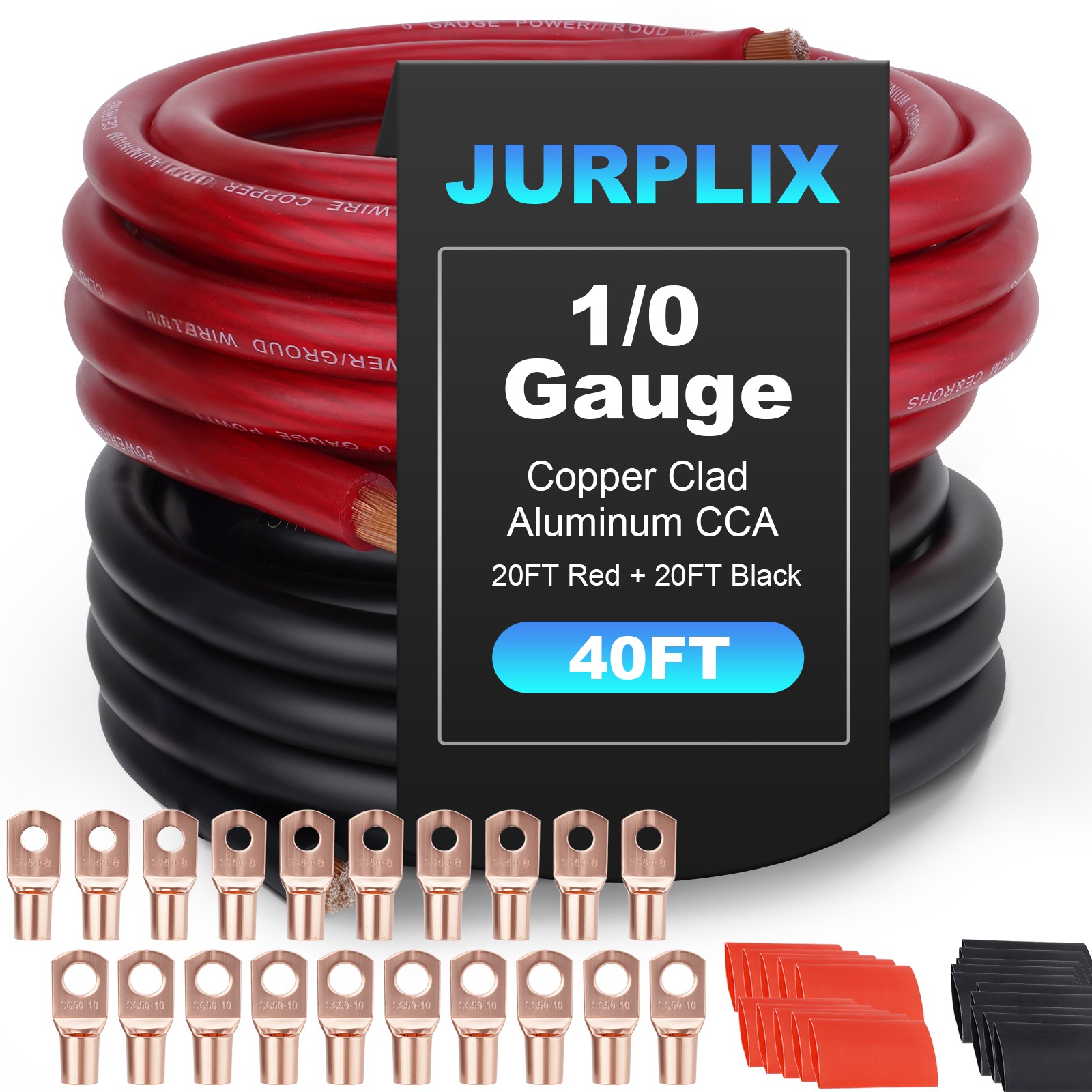 40FT 1/0 AWG Battery Cable 1/0 Gauge Wire Copper Clad Aluminum CCA Amp Wiring 40FT 1/0 AWG Battery Cable 1/0 Gauge Wire Copper Clad Aluminum CCA Amp Wiring