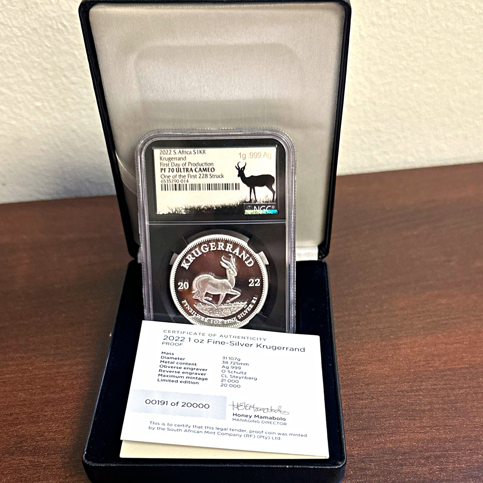 2022 South Africa Krugerrand 1 Rand 1oz PF70 UCAM First Day Mamabolo signed 2022 South Africa Krugerrand 1 Rand 1oz PF70 UCAM First Day Mamabolo signed