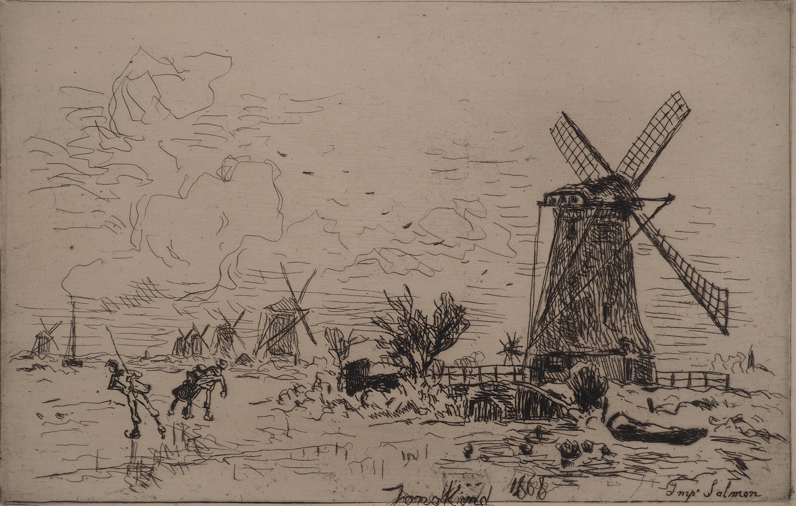 Johan-Barthold JONGKIND: Batavia, Mills in Holland, Original Signed Engraving Johan-Barthold JONGKIND: Batavia, Mills in Holland, Original Signed Engraving
