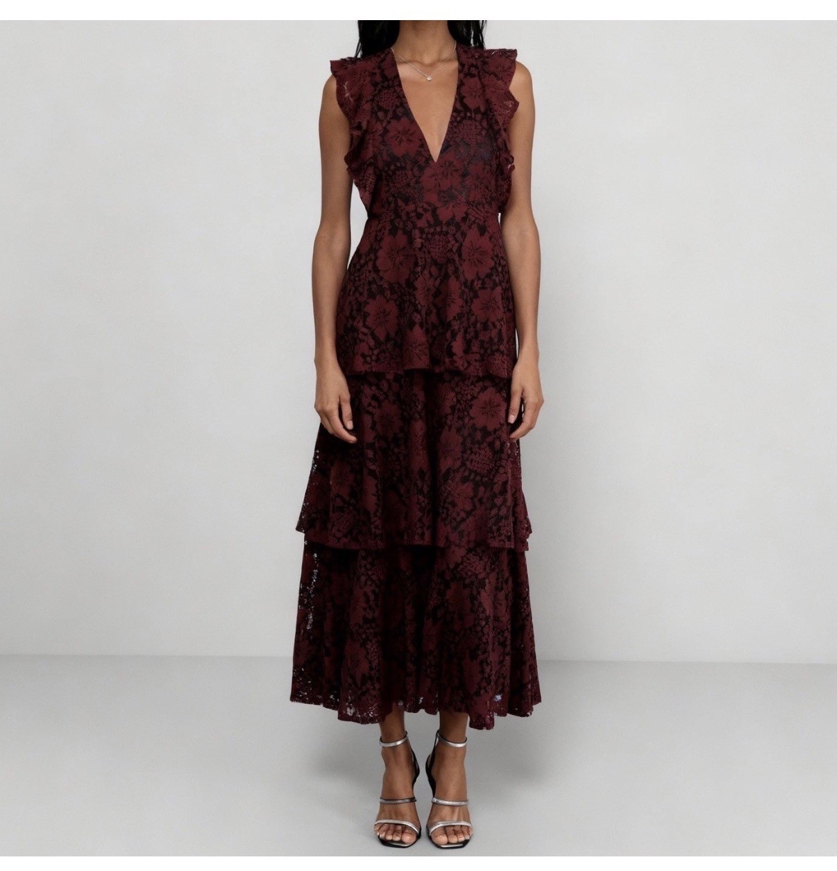 Lulus Molinetto Burgundy Lace Ruffled Tiered Sleeveless Maxi Dress Size XL